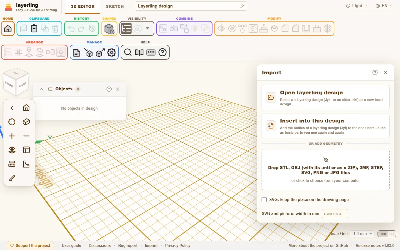 The import window: open or insert designs and drop geometry.